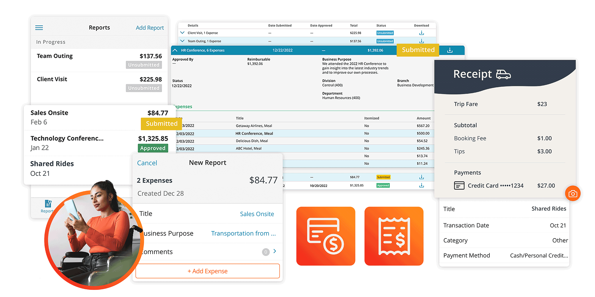 Screenshots of expense reporting and receipt upload within Paylocity's platform