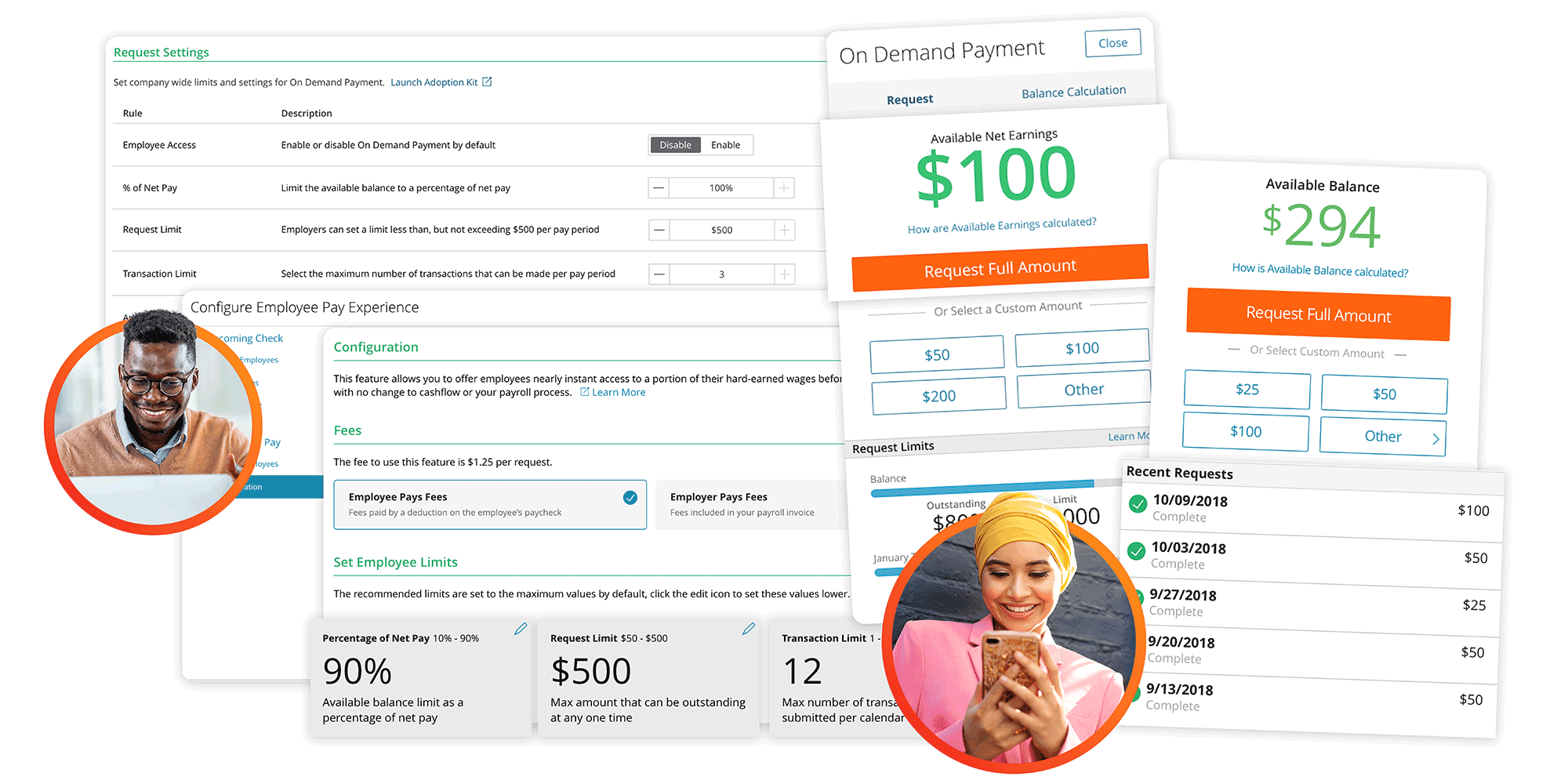 Screenshots of employee and employer view of On Demand Pay functionality